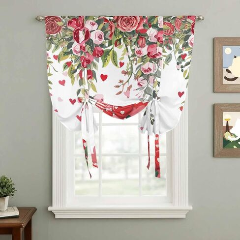 Valentine's Day Tie Up Curtains for Window, Spring Love Roses Floral Botanical Watercolor Thermal Balloon Shade Adjustable Rod Pocket Curtains Valance Panels for Kitchen Bathroom Café 52'' x 45'' in Saudi Arabia