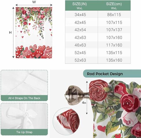 Valentine's Day Tie Up Curtains for Window, Spring Love Roses Floral Botanical Watercolor Thermal Balloon Shade Adjustable Rod Pocket Curtains Valance Panels for Kitchen Bathroom Café 52'' x 45'' in Saudi Arabia