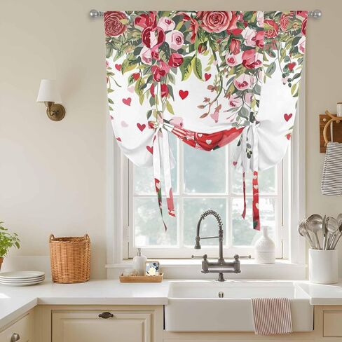 Valentine's Day Tie Up Curtains for Window, Spring Love Roses Floral Botanical Watercolor Thermal Balloon Shade Adjustable Rod Pocket Curtains Valance Panels for Kitchen Bathroom Café 52'' x 45'' in Saudi Arabia