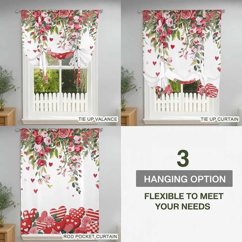 Valentine's Day Tie Up Curtains for Window, Spring Love Roses Floral Botanical Watercolor Thermal Balloon Shade Adjustable Rod Pocket Curtains Valance Panels for Kitchen Bathroom Café 52'' x 45'' in Saudi Arabia