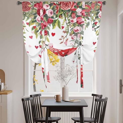 Valentine's Day Tie Up Curtains for Window, Spring Love Roses Floral Botanical Watercolor Thermal Balloon Shade Adjustable Rod Pocket Curtains Valance Panels for Kitchen Bathroom Café 52'' x 45'' in Saudi Arabia
