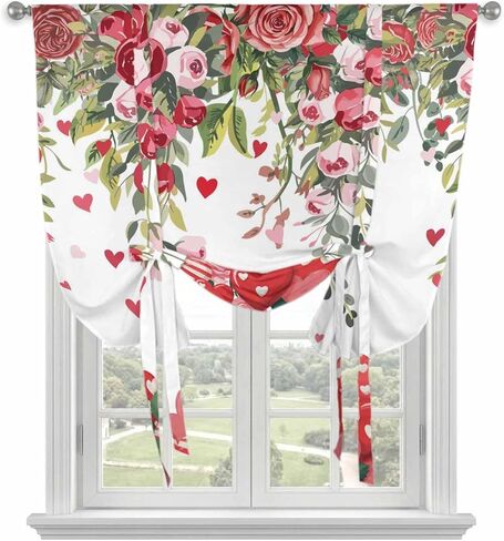 Valentine's Day Tie Up Curtains for Window, Spring Love Roses Floral Botanical Watercolor Thermal Balloon Shade Adjustable Rod Pocket Curtains Valance Panels for Kitchen Bathroom Café 52'' x 45'' in Saudi Arabia