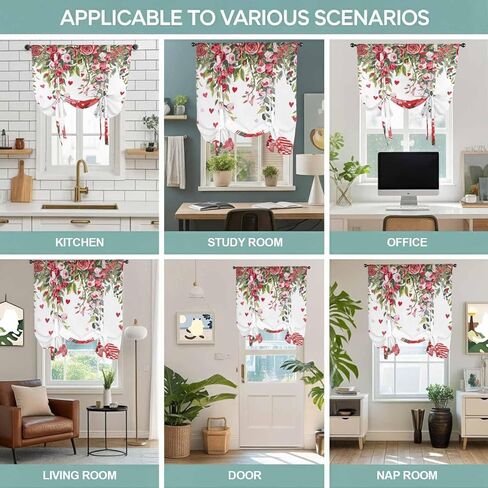 Valentine's Day Tie Up Curtains for Window, Spring Love Roses Floral Botanical Watercolor Thermal Balloon Shade Adjustable Rod Pocket Curtains Valance Panels for Kitchen Bathroom Café 52'' x 45'' in Saudi Arabia