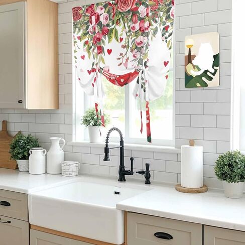 Valentine's Day Tie Up Curtains for Window, Spring Love Roses Floral Botanical Watercolor Thermal Balloon Shade Adjustable Rod Pocket Curtains Valance Panels for Kitchen Bathroom Café 52'' x 45'' in Saudi Arabia