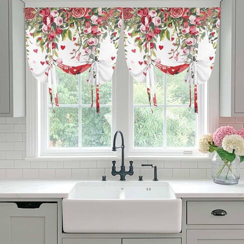 Valentine's Day Tie Up Curtains for Window, Spring Love Roses Floral Botanical Watercolor Thermal Balloon Shade Adjustable Rod Pocket Curtains Valance Panels for Kitchen Bathroom Café 52'' x 45'' in Saudi Arabia