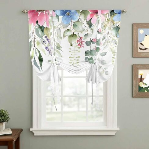 Spring Eucalyptus Leaves Tie Up Curtains for Window, Pastoral Floral Botanical Rustic Thermal Balloon Shade Adjustable Rod Pocket Curtains Valance Panels for Kitchen Bathroom Café 52'' x 63'' in Saudi Arabia