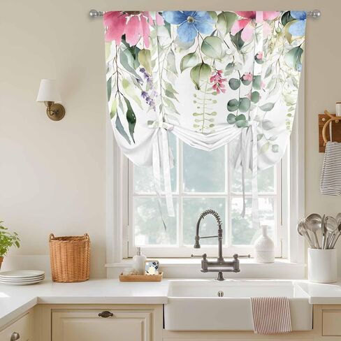 Spring Eucalyptus Leaves Tie Up Curtains for Window, Pastoral Floral Botanical Rustic Thermal Balloon Shade Adjustable Rod Pocket Curtains Valance Panels for Kitchen Bathroom Café 52'' x 63'' in Saudi Arabia