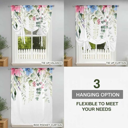 Spring Eucalyptus Leaves Tie Up Curtains for Window, Pastoral Floral Botanical Rustic Thermal Balloon Shade Adjustable Rod Pocket Curtains Valance Panels for Kitchen Bathroom Café 52'' x 63'' in Saudi Arabia