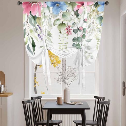 Spring Eucalyptus Leaves Tie Up Curtains for Window, Pastoral Floral Botanical Rustic Thermal Balloon Shade Adjustable Rod Pocket Curtains Valance Panels for Kitchen Bathroom Café 52'' x 63'' in Saudi Arabia