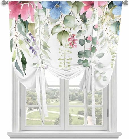 Spring Eucalyptus Leaves Tie Up Curtains for Window, Pastoral Floral Botanical Rustic Thermal Balloon Shade Adjustable Rod Pocket Curtains Valance Panels for Kitchen Bathroom Café 52'' x 63'' in Saudi Arabia