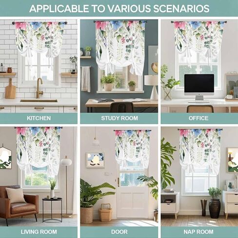Spring Eucalyptus Leaves Tie Up Curtains for Window, Pastoral Floral Botanical Rustic Thermal Balloon Shade Adjustable Rod Pocket Curtains Valance Panels for Kitchen Bathroom Café 52'' x 63'' in Saudi Arabia
