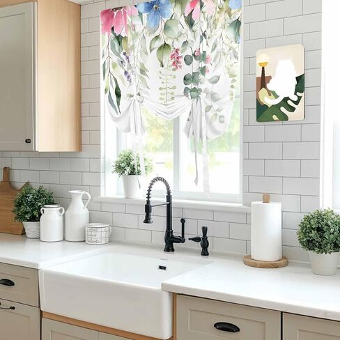 Spring Eucalyptus Leaves Tie Up Curtains for Window, Pastoral Floral Botanical Rustic Thermal Balloon Shade Adjustable Rod Pocket Curtains Valance Panels for Kitchen Bathroom Café 52'' x 63'' in Saudi Arabia
