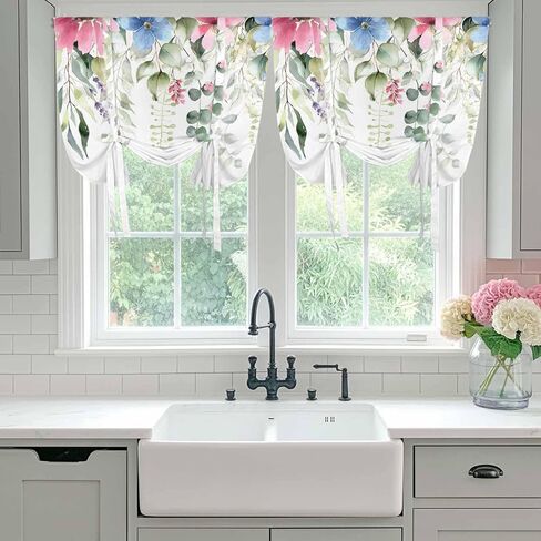 Spring Eucalyptus Leaves Tie Up Curtains for Window, Pastoral Floral Botanical Rustic Thermal Balloon Shade Adjustable Rod Pocket Curtains Valance Panels for Kitchen Bathroom Café 52'' x 63'' in Saudi Arabia