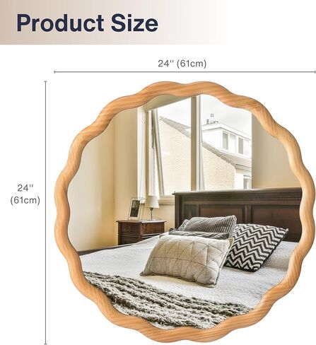 PERFNIQUE Scalloped Round Mirror 24", Wood Framed Nursery Wall Mirror with Tempered Glass, Decorative Wavy Edge Circle Mirror for Bedroom, Entryway or Living Room in Kuwait