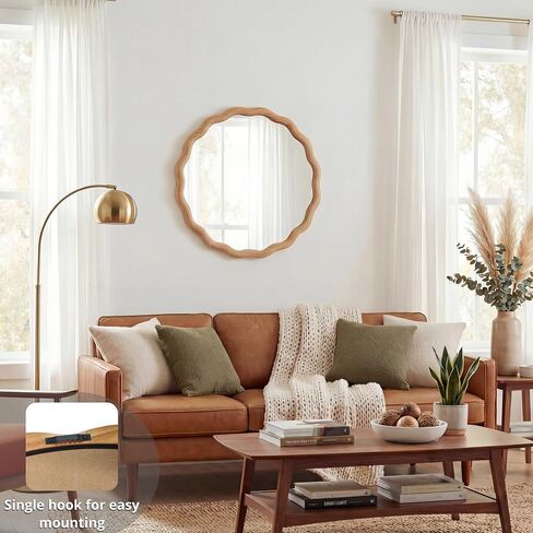PERFNIQUE Scalloped Round Mirror 24", Wood Framed Nursery Wall Mirror with Tempered Glass, Decorative Wavy Edge Circle Mirror for Bedroom, Entryway or Living Room in Kuwait