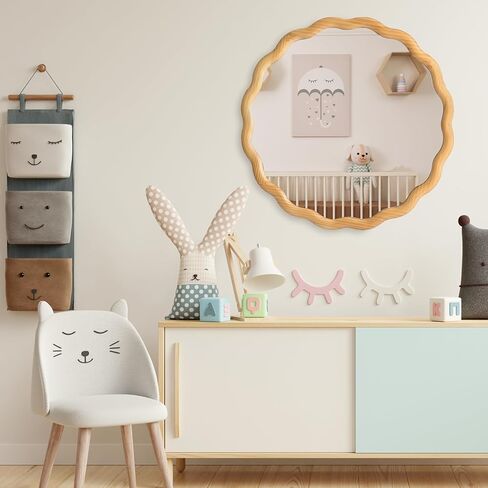 PERFNIQUE Scalloped Round Mirror 24", Wood Framed Nursery Wall Mirror with Tempered Glass, Decorative Wavy Edge Circle Mirror for Bedroom, Entryway or Living Room in Kuwait