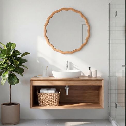 PERFNIQUE Scalloped Round Mirror 24", Wood Framed Nursery Wall Mirror with Tempered Glass, Decorative Wavy Edge Circle Mirror for Bedroom, Entryway or Living Room in Kuwait