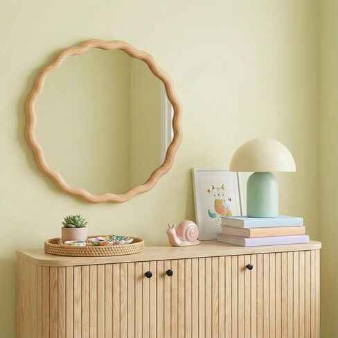 PERFNIQUE Scalloped Round Mirror 24", Wood Framed Nursery Wall Mirror with Tempered Glass, Decorative Wavy Edge Circle Mirror for Bedroom, Entryway or Living Room in Kuwait