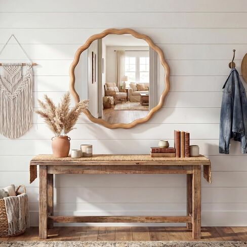 PERFNIQUE Scalloped Round Mirror 24", Wood Framed Nursery Wall Mirror with Tempered Glass, Decorative Wavy Edge Circle Mirror for Bedroom, Entryway or Living Room in Kuwait
