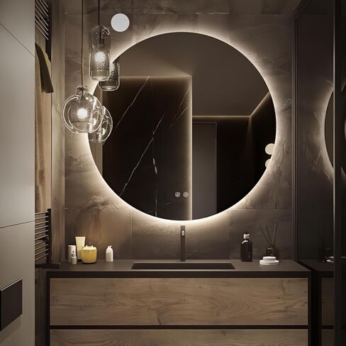 Round LED Mirror for Bathroom, 30" Circle Frameless Backlit Mirror with Lights, Wall Mounted Vanity Mirror, 3 Colors, Dimmable, Anti-Fog, IP65 Waterproof, Memory Function, UL Listed in Kuwait