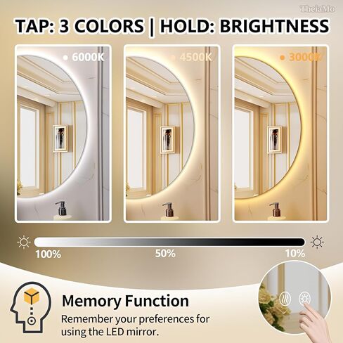 Round LED Mirror for Bathroom, 30" Circle Frameless Backlit Mirror with Lights, Wall Mounted Vanity Mirror, 3 Colors, Dimmable, Anti-Fog, IP65 Waterproof, Memory Function, UL Listed in Kuwait