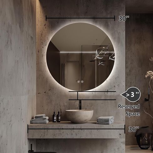 Round LED Mirror for Bathroom, 30" Circle Frameless Backlit Mirror with Lights, Wall Mounted Vanity Mirror, 3 Colors, Dimmable, Anti-Fog, IP65 Waterproof, Memory Function, UL Listed in Kuwait