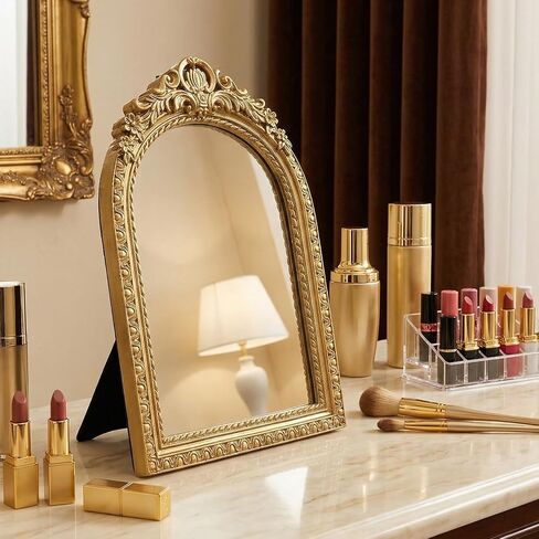 Baroque Gold Tabletop Mirror, Ornate Antique Vanity Mirror with Stand, Decorative Makeup Accessory for Desk, Dresser & Vintage Room Decor in Saudi Arabia