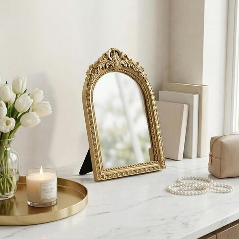 Baroque Gold Tabletop Mirror, Ornate Antique Vanity Mirror with Stand, Decorative Makeup Accessory for Desk, Dresser & Vintage Room Decor in Saudi Arabia