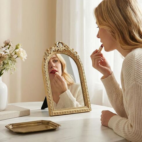 Baroque Gold Tabletop Mirror, Ornate Antique Vanity Mirror with Stand, Decorative Makeup Accessory for Desk, Dresser & Vintage Room Decor in Saudi Arabia