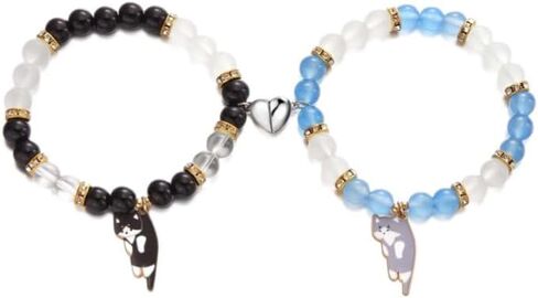 2Pcs Couple Friendship Bracelets Cute Kawaii Cartoon Cat Heart Matching Bracelet Y2k Cat Glass Beaded Elastic Bracelet Valentine's Day in Kuwait