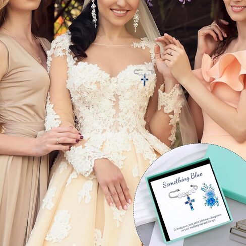 هدية زرقاء للعروس، سحر باقة الزفاف - بروش متقاطع فضي مع الزركون الأزرق واللؤلؤ، دبوس زفاف مضاد للحساسية للفستان، الرباط، صندوق تذكار هدية مستعارة من الأم in Kuwait