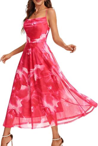 DRESSTELLS Floral Wedding Guest Dress with Adjustable Strap, Stretchy Aline Spring Easter Mesh Dresses, Fully Lined, S-XL in Kuwait