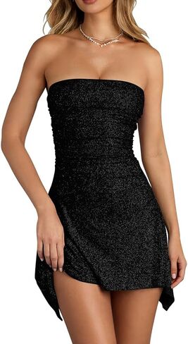 فستان HYZ نسائي مثير أنيق بدون حمالات بدون أكمام مزين بالترتر لحفلات الكوكتيل على شكل حرف A in Kuwait