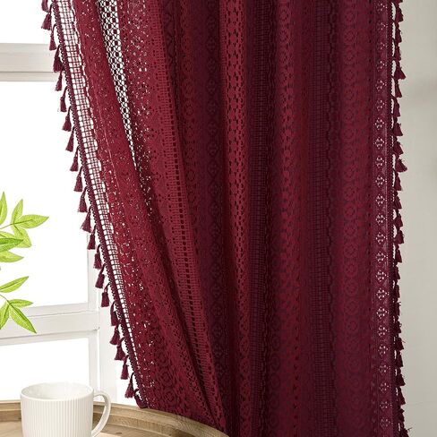 Boho Burgundy Curtains for Bedroom Living Room Window Drapes,Rod Pocket Cotton Blend Crochet Lace Privacy Light Filtering Wine Red Curtain Drapes Decor,Set of 2,59" W x 63" L in Kuwait