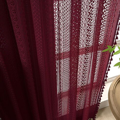 Boho Burgundy Curtains for Bedroom Living Room Window Drapes,Rod Pocket Cotton Blend Crochet Lace Privacy Light Filtering Wine Red Curtain Drapes Decor,Set of 2,59" W x 63" L in Kuwait