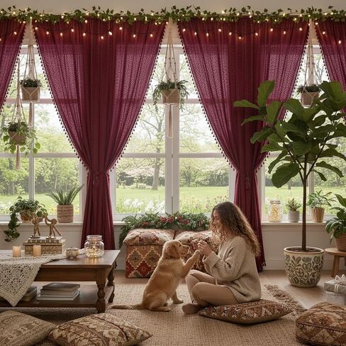 Boho Burgundy Curtains for Bedroom Living Room Window Drapes,Rod Pocket Cotton Blend Crochet Lace Privacy Light Filtering Wine Red Curtain Drapes Decor,Set of 2,59" W x 63" L in Kuwait