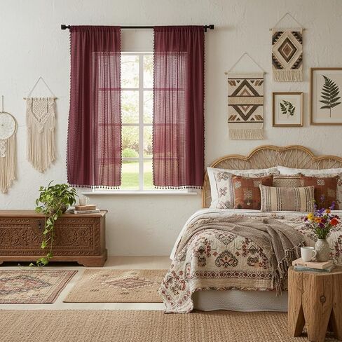 Boho Burgundy Curtains for Bedroom Living Room Window Drapes,Rod Pocket Cotton Blend Crochet Lace Privacy Light Filtering Wine Red Curtain Drapes Decor,Set of 2,59" W x 63" L in Kuwait