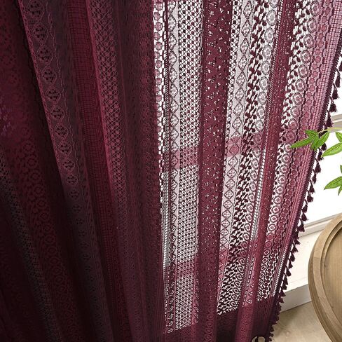 Boho Burgundy Curtains for Bedroom Living Room Window Drapes,Rod Pocket Cotton Blend Crochet Lace Privacy Light Filtering Wine Red Curtain Drapes Decor,Set of 2,59" W x 63" L in Kuwait