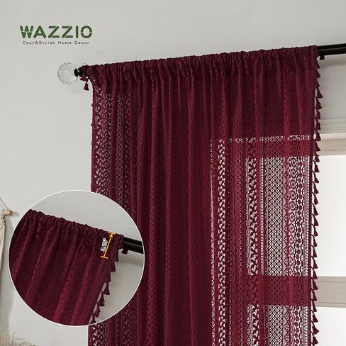 Boho Burgundy Curtains for Bedroom Living Room Window Drapes,Rod Pocket Cotton Blend Crochet Lace Privacy Light Filtering Wine Red Curtain Drapes Decor,Set of 2,59" W x 63" L in Kuwait