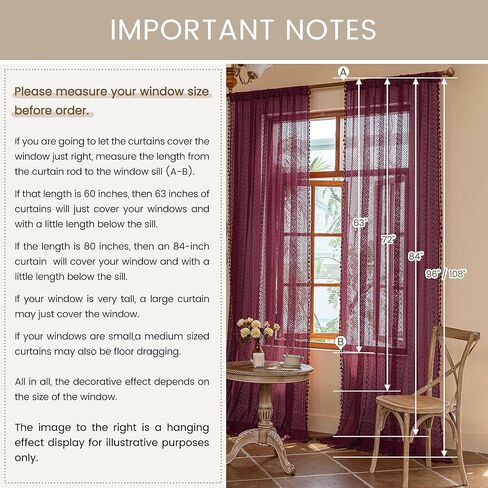 Boho Burgundy Curtains for Bedroom Living Room Window Drapes,Rod Pocket Cotton Blend Crochet Lace Privacy Light Filtering Wine Red Curtain Drapes Decor,Set of 2,59" W x 63" L in Kuwait