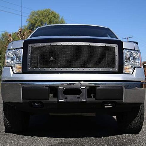 Spec-D Tuning Glossy Black Stainless Steel Rivet Mesh Style Front Hood Grille Compatible with 2009-2014 Ford F150 in Saudi Arabia