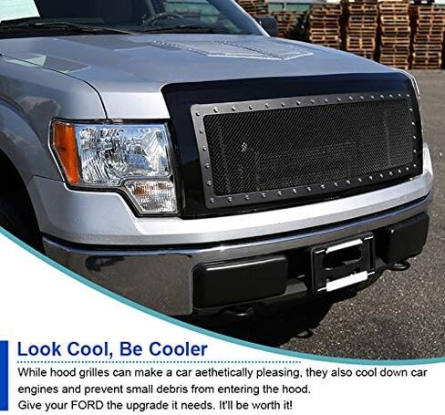Spec-D Tuning Glossy Black Stainless Steel Rivet Mesh Style Front Hood Grille Compatible with 2009-2014 Ford F150 in Saudi Arabia
