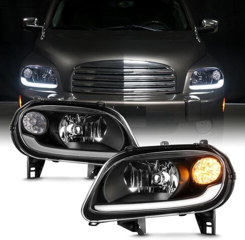 AKKON - Fit 2006-2011 Chevy HHR مصابيح أمامية من نوع الهالوجين مع شريط LED أسود بديل للسائق - الركاب in Saudi Arabia