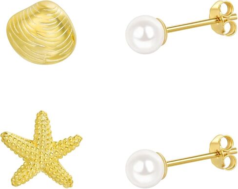 S925 Sterling Silver Starfish & Shell & Pearl & Turtle Stud Earrings for Women Hypoallergenic Beach Jewelry, Summer Cartilage Earrings in Kuwait