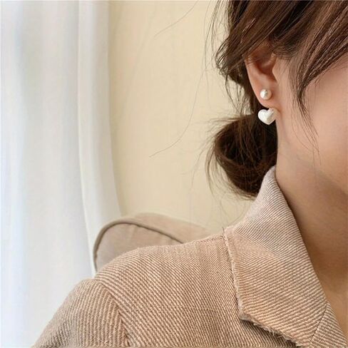 Heart Pearl Earrings for Women Dainty Hypoallergenic Pearl Front Back Studs Earrings Fashion Jewelry Gifts in Saudi Arabia