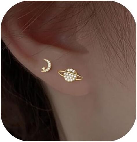 Asymmetrical Planet Star Moon Stud Earrings for Women Sparkly Cubic Zirconia Celestial Saturn Charms Earrings Cute Star Moon Earrings Jewelry Gifts in Saudi Arabia