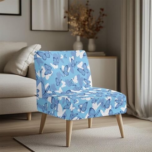 Armless Chair Cover Butterfly Blue Armless Chair Covers for Living Room Stretch Spandex Removable Fabric Non-Slip Silp Cover for Accent Chairs Without Arms in Saudi Arabia