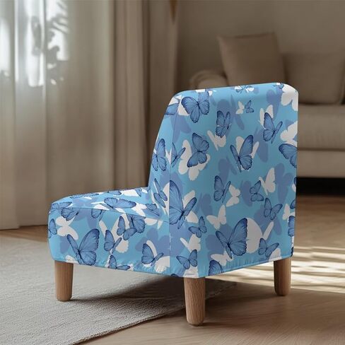 Armless Chair Cover Butterfly Blue Armless Chair Covers for Living Room Stretch Spandex Removable Fabric Non-Slip Silp Cover for Accent Chairs Without Arms in Saudi Arabia