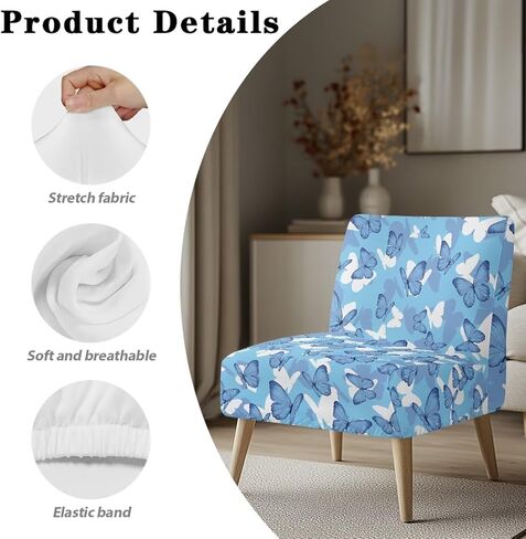 Armless Chair Cover Butterfly Blue Armless Chair Covers for Living Room Stretch Spandex Removable Fabric Non-Slip Silp Cover for Accent Chairs Without Arms in Saudi Arabia