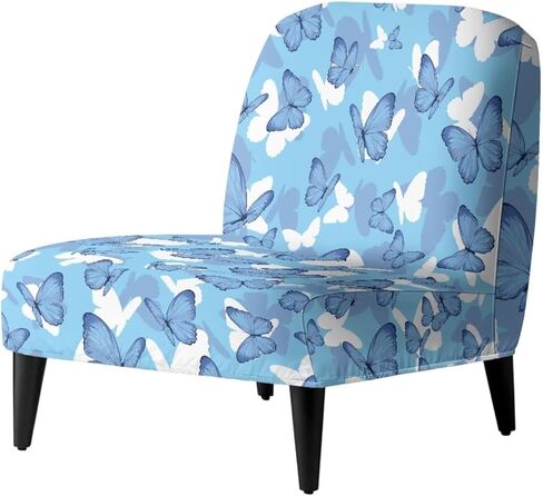 Armless Chair Cover Butterfly Blue Armless Chair Covers for Living Room Stretch Spandex Removable Fabric Non-Slip Silp Cover for Accent Chairs Without Arms in Saudi Arabia